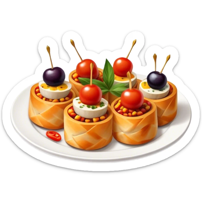 Tapas (4 Pintxos) Cinematic Realistic Tapas Dish Emoji, depicted as an assortment of 4 pintxos elegantly arranged on a plate, rendered with lifelike textures and vibrant, inviting lighting. sticker