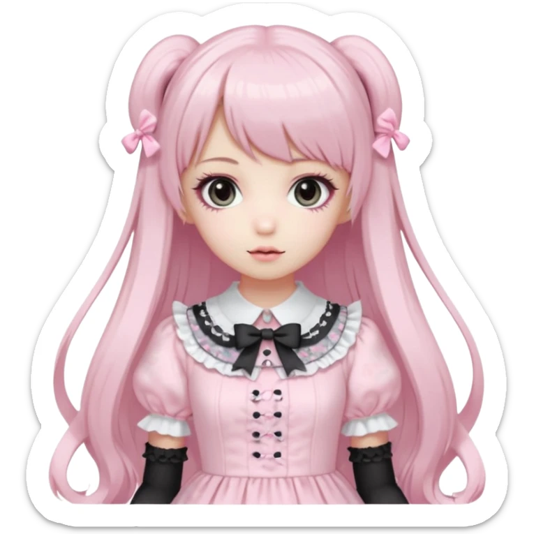 pale girl, straight long hair (black and baby pink swirls), bangs, grey eyes, doll-like makeup, light pink lolita hime gyaru dress sticker