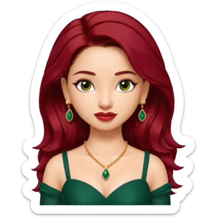 pretty bratz genmoji that looks like tamannah bhatia (bollywood actress), wearing a dark green sweetheart neckline top, dark red hair, light makeup, no necklace, dangly earrings, side hair part sticker