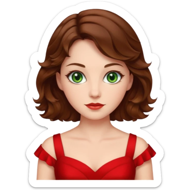 Green eyes,mi-short brown wavy hair,white skin tone,wearing red dress sticker