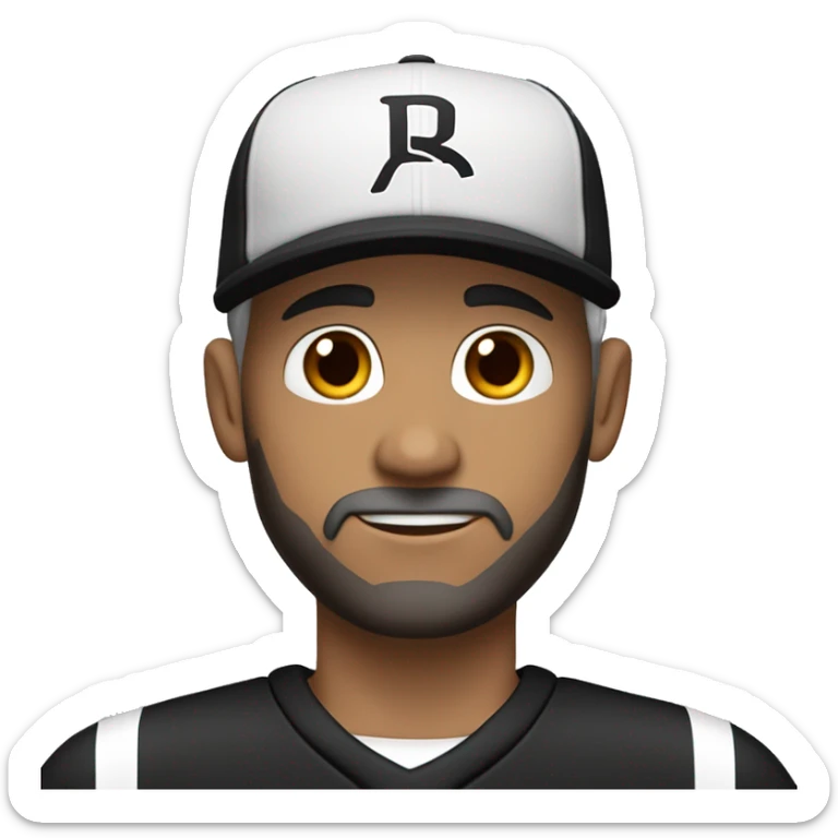 An adult pale male with stubble and a slightly gray beard, brown hair, black eyes, wearing a black Reebok cap with a round emblem on his head, and a black sweater with three white stripes on the sleeves underneath. sticker