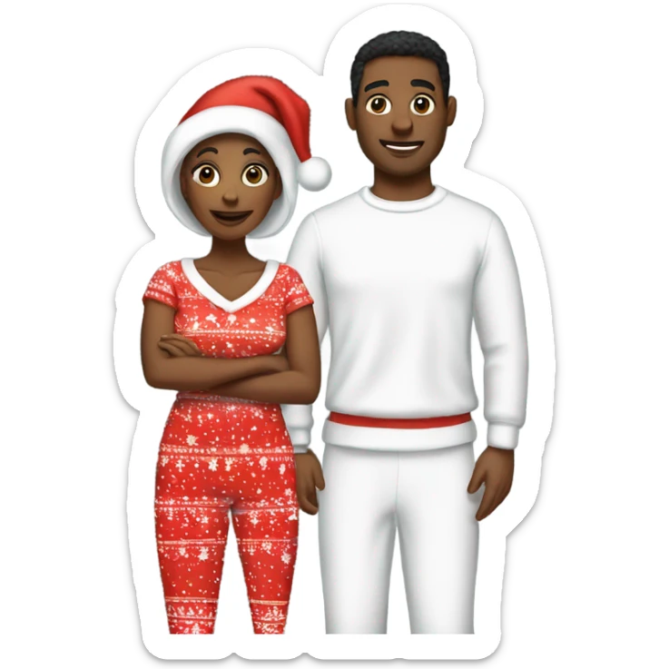 a couple in matching christmas pajamas black woman white man sticker