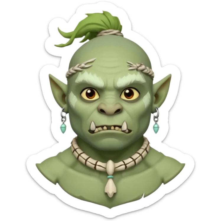 Fantasy orc portrait emoji, small bone charm with frost tied near neck or ear, tribal winter aesthetic, minimal readable design, flat emoji style, male/female variant
 sticker