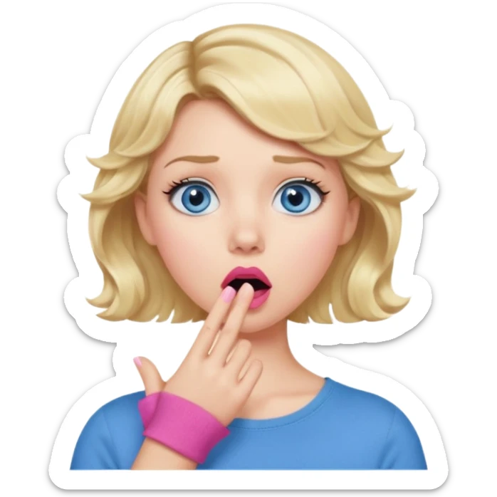 Girl Blonde short wavy hair,  blue eyes, cute blue top, long lashes, pink lips, shocked, hand over the mouth sticker