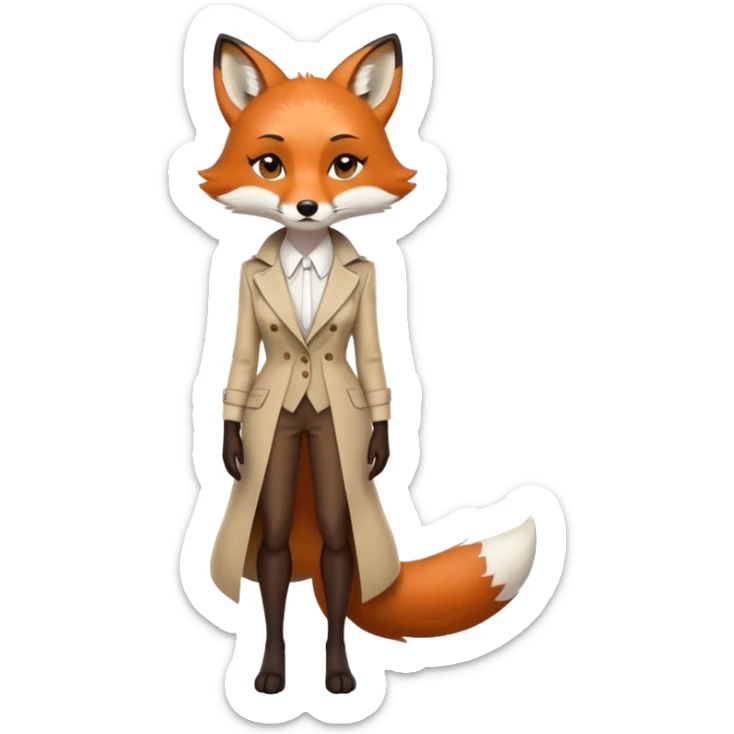 serious anthropomorphised female fox in stylish outfit, no sunglasses, very sad and crying, looking to the left, full-body view sticker