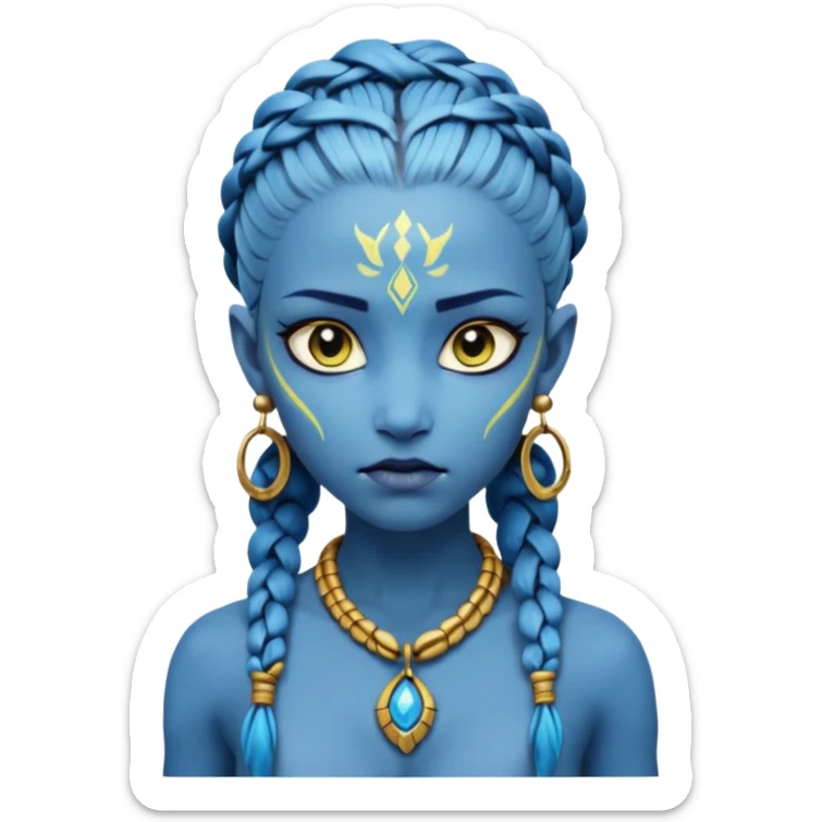 Create an icon of a Na’vi-inspired female character with glowing blue skin, braided hair, tribal forehead markings, large expressive eyes, gold earrings, and a rope necklace with a golden pendant. The expression should be calm and serious, matching the style of the movie Avatar sticker