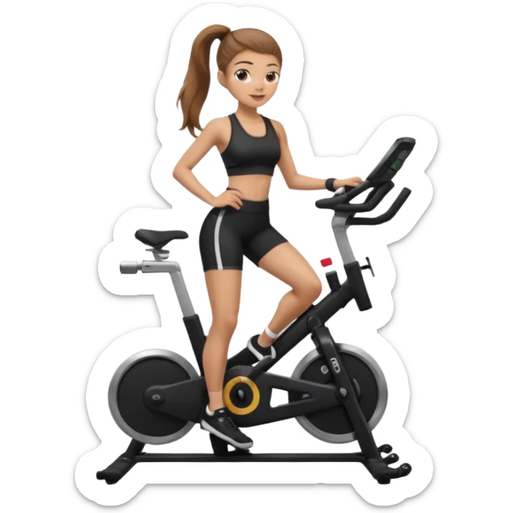Light skin girl with long light brown hair in a pony tail, black workout set leaning on a indoor spin bike with NO HELMET,  sticker