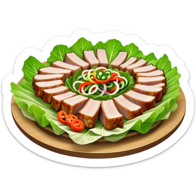 Samgyeopsal Cinematic Realistic Samgyeopsal Dish Emoji, depicted as slices of grilled pork belly served in crisp lettuce leaves with assorted fresh vegetables, rendered with dynamic textures and appetizing, natural lighting. sticker
