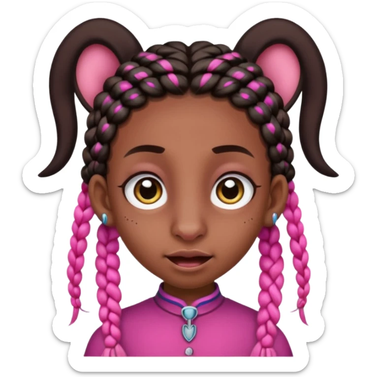 arikan, dark long hair whit pink and black braids. brown skin, smal face and a super big nose and super big ears. big eyes. big mouth sticker