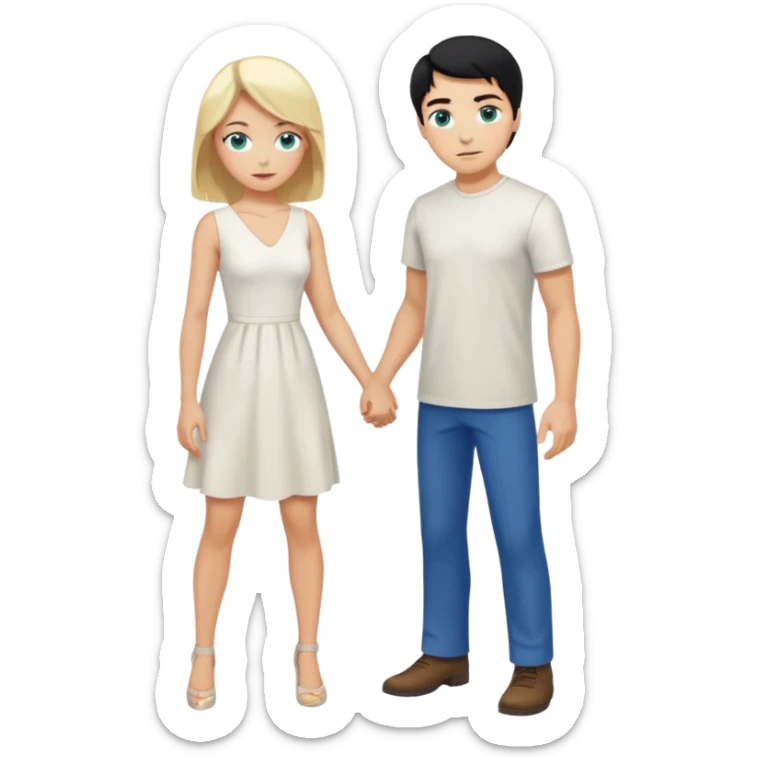 Man, black Hair, blue eyes, whole body, Woman, blonde, green eyes, White Dress, bending knees sticker