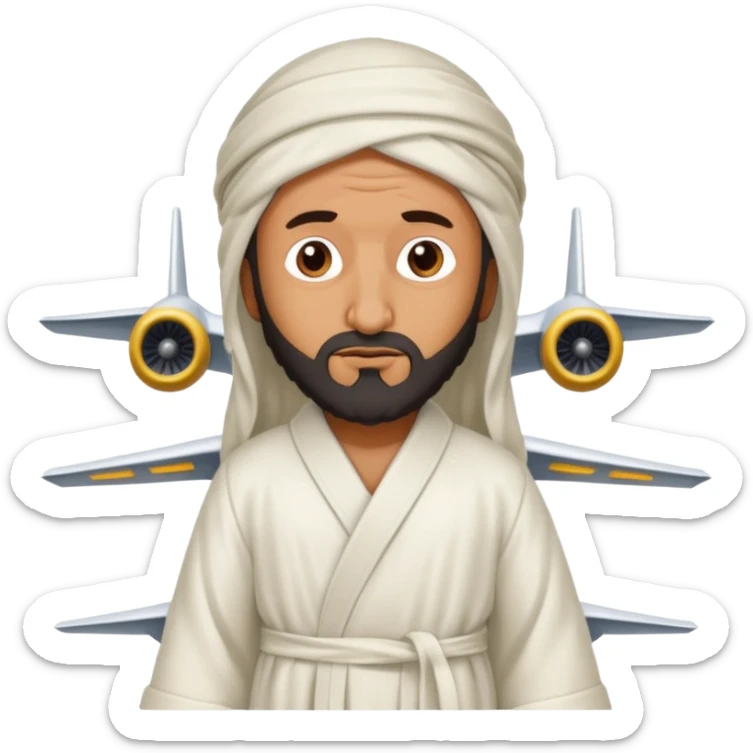 Osama bin Ladin standing on top of a plane with legs and a white robe standing on top of the plane sticker