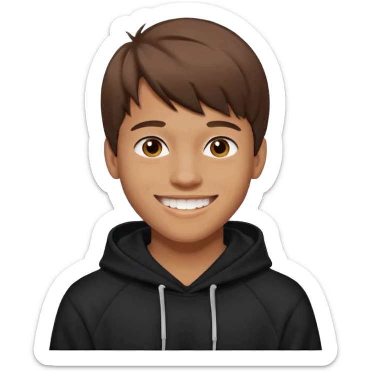 20 yr old man, brown hair, straight, big smile, white teeth, tanned skin, bangs, black hooded sweatshirt sticker