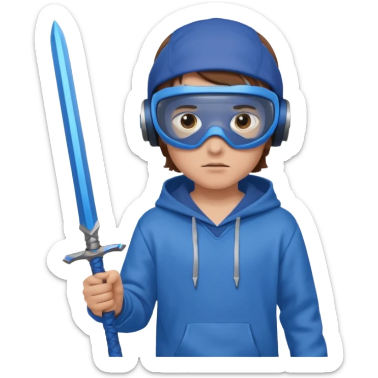 a boy with brown hair, a blue vr headset. a blue hoodie and a blue sword and show the hair sticker