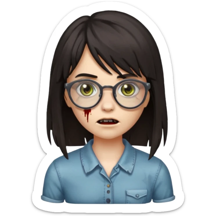  iPhone emoji is a zombie girl with dark hair long below her shoulders bangs and a ragged haircut gray eyes glasses  sticker