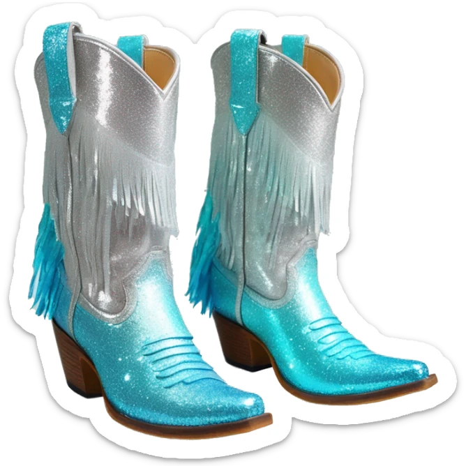 Realistic silver and robins egg blue ombre pair of fashion cowgirl boots with sparkly shiny glitter fringe on them. sticker