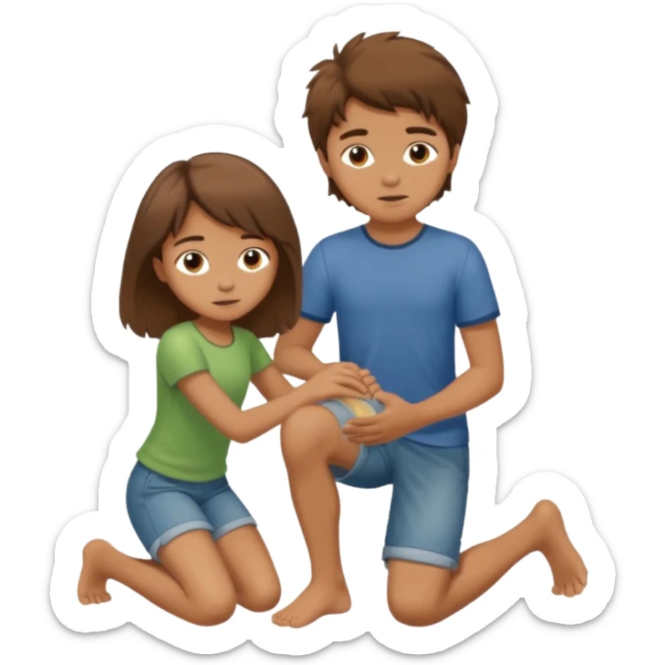barefooted boy with messy brown hair yellow putting his foot on a kneeling girl sticker