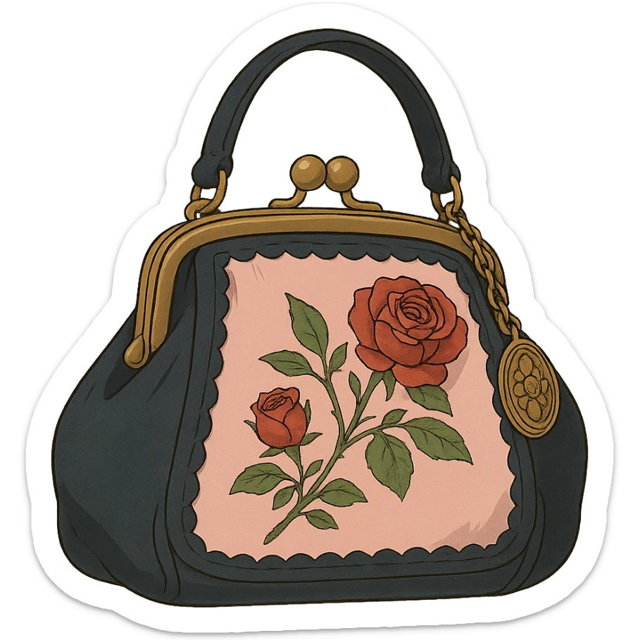Pink and black gothic purse in Ghibli style, rose embroidery, vintage charm, dreamy atmosphere, no background sticker