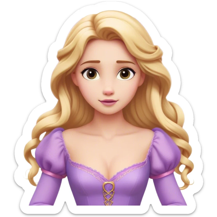 Cinematic Realistic Rapunzel Portrait, with porcelain-like skin featuring a subtle, natural glow, illuminated by soft lighting that brings out the gentle contours of her face. Her long, golden blonde hair cascades in detailed waves, each strand highlighted with a radiant shimmer as it catches the light. Her bright, expressive green eyes exude curiosity and warmth, framed by delicate lashes and soft, arched brows. Her expression is playful and vibrant, with a gentle smile. She is dressed in her classic lavender and pink gown, the fabric textured with delicate folds that flow naturally, catching the light with a soft, radiant glow. The portrait captures a luminous, enchanting aura, seamlessly blending realism with a whimsical, fairytale charm, evoking a timeless sense of beauty and magic. sticker