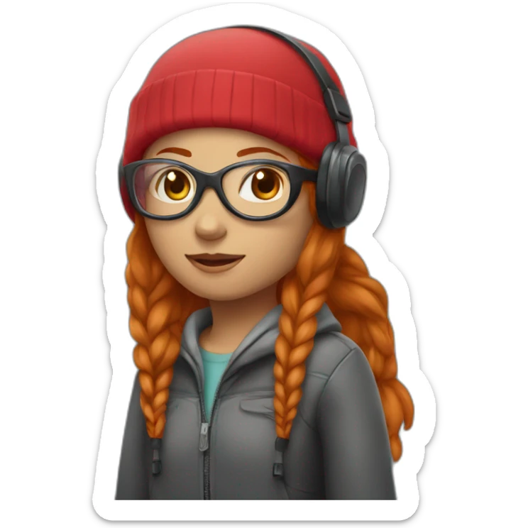Girl with ginger hair wearing red beanie goggles and headphone sticker