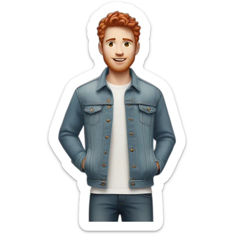 white young man in jean jacket and white t-shirt with short wavy red hair sticker