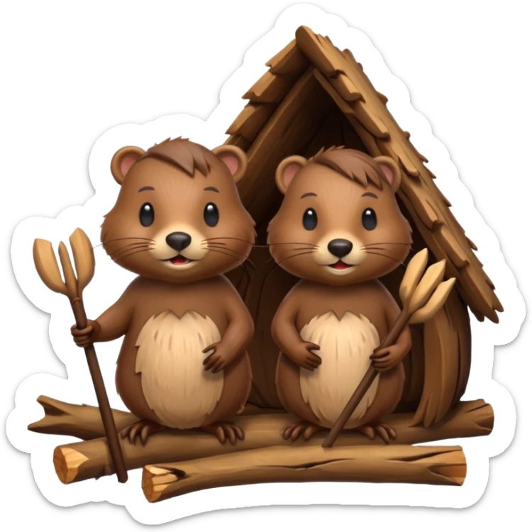 a beaver couple, one a female with a bow on her head in a beaver home made of sticks and logs sticker
