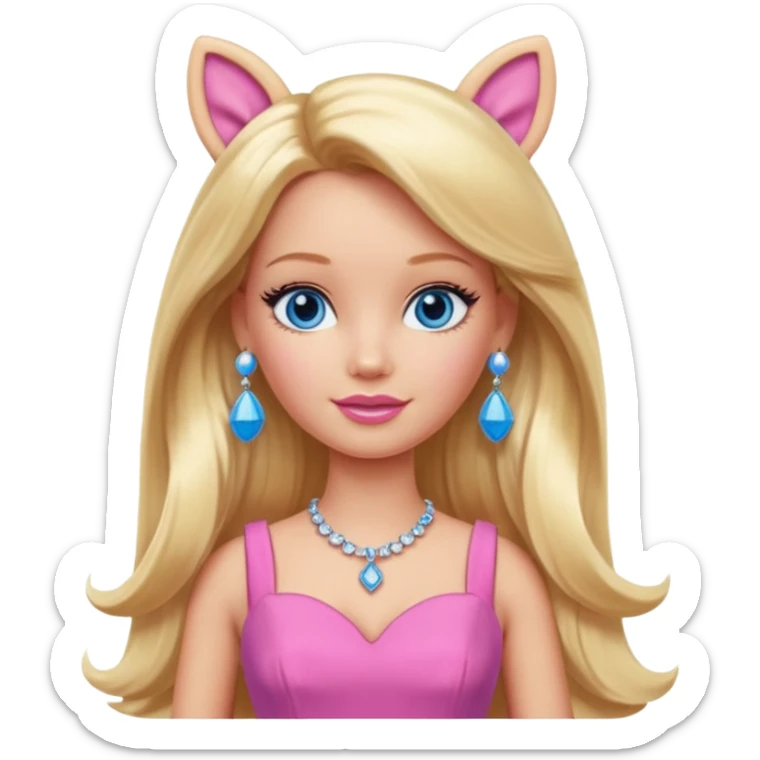 barbie, long blonde hair, pink dress, with blue eyes,different dress, big ear rings sticker