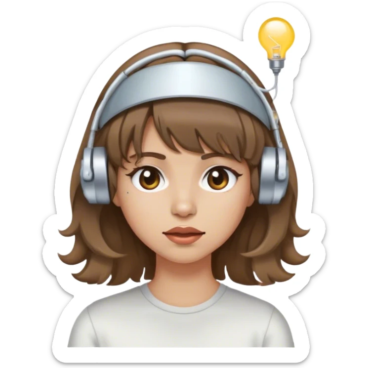 girl with light skin tone wavy brown hair and bangs wearing electrodes on her head while looking drunk sticker