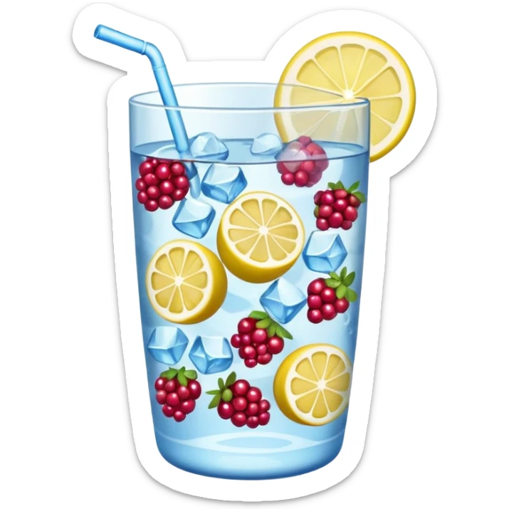 tumbler of water filled with berries, lemon slices, and ice cubes, emoji style sticker