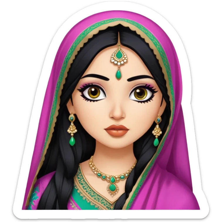 Indian nose, pretty lips, pakistani clothes, fair skin,  long black hair, dupatta, pretty bratz baddie, black eyeliner sticker