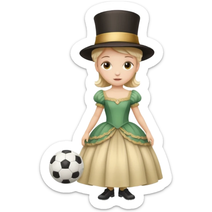 a child in a theatrical hat with a soccer ball in his hands and in a ball gown sticker