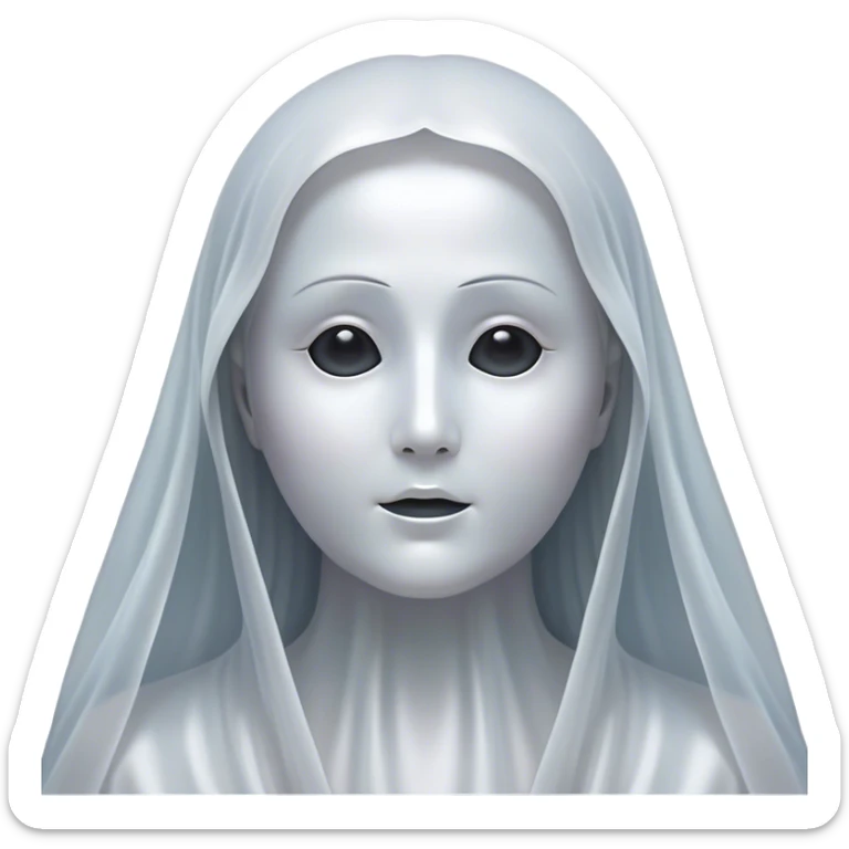 Cinematic Noble Ghost Portrait Emoji, Ethereal and dignified, with a flowing, translucent form in silvery-white hues, wispy and majestic, and a calm, otherworldly expression with deep, thoughtful eyes, simplified yet sophisticated features, highly detailed, glowing with a soft, spectral radiance, high shine, exuding regal mystery and quiet authority, with a soft glowing outline that captures the essence of a ghostly guardian drifting from another realm! sticker