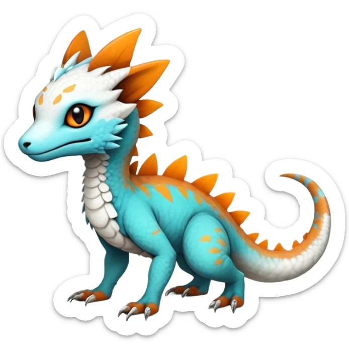 Rare realistic exotic cute white gloomy whitish and orange and cyan epic pretty beautiful handsome gorgeous aesthetic colorful vibrant Vernid-Trico-species-Fakemon-Salandit-hybrid-creature by LiLaiRa, 4 legs, 1 tail, random markings, (full body) sticker