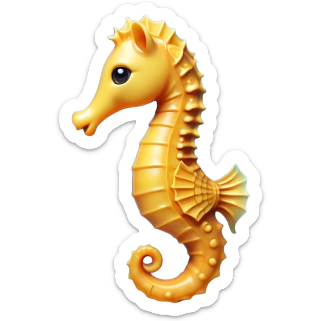 Cinematic Cute Sea Horse Portrait Emoji, Head tilted playfully and inquisitively, featuring a charming, slender form with a delicately curved body and a whimsical, curled tail, accented by round, sparkling eyes full of gentle wonder, Simplified yet irresistibly adorable features, highly detailed, glowing with a warm, inviting aquatic glow, high shine, affectionate and lively, stylized with a touch of enchanting marine charm, soft glowing outline, capturing the essence of a mischievous yet loving sea horse that seems as if it could float out of the screen into your arms! sticker