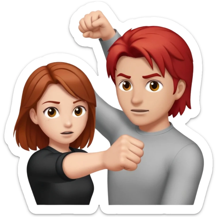 A girl with brown hair punching a man with shoulder length red hair  sticker