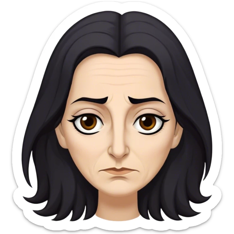 Mirri Maz Duur is a weathered, age 50 woman with deep-set dark eyes, high cheekbones, and a sharp nose, giving her a stern, knowing expression. Her long, unkempt dark hair  falls loosely over her shoulders sticker