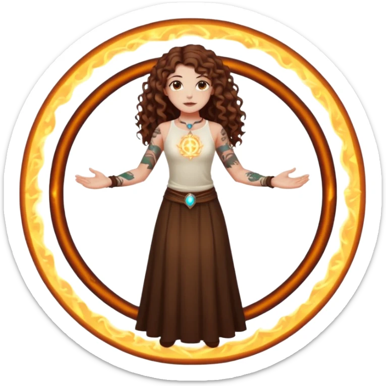 full body view of a woman with long curly brown hair, brown eyes, white skin, tattoos, fake innocent pose while standing inside a glowing spell circle sticker