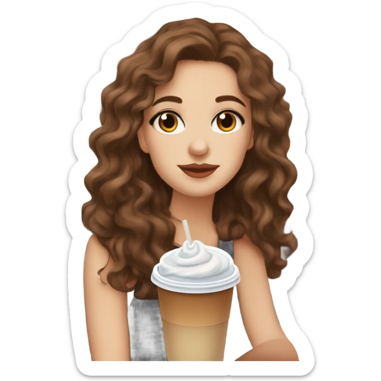 aesthetic white girl with brown wavy hair and brown eyes sipping an iced americano in a cute coffee shop  sticker
