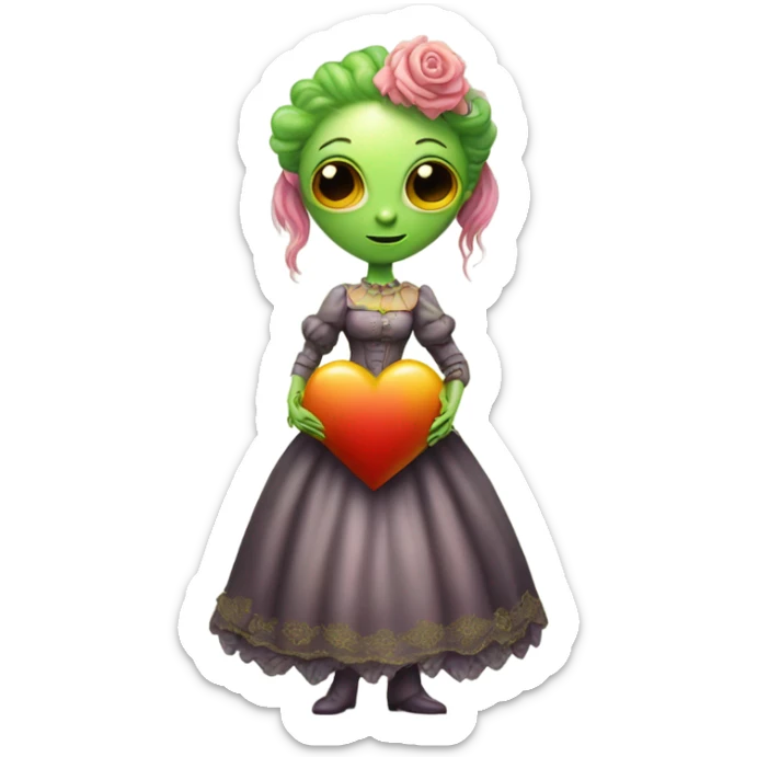 a green alien woman in Victorian orange and jellow dress, pink hair,holdig, red big hearth, full body sticker