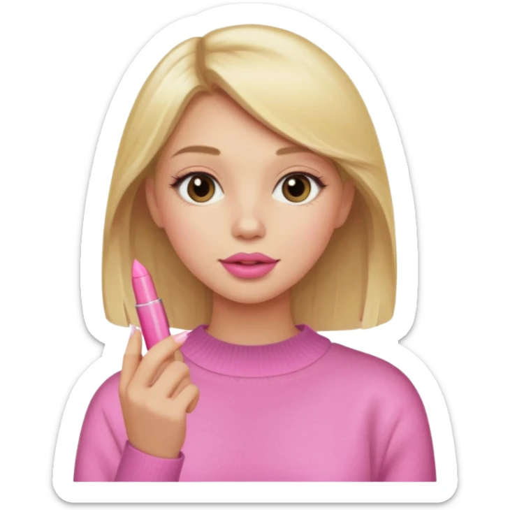 A blonde haired girl with a pink sweater and holding a lip gloss sticker