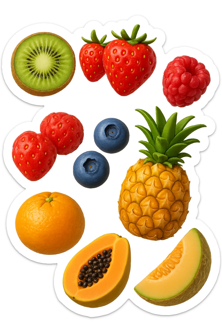 emoji stile iphone 3d di kiwi, fragole, lamponi, mirtilli, ananas, mandarini, papaya, melone cantalupo
 che fluttuano in aria, iperealistico 4k sticker