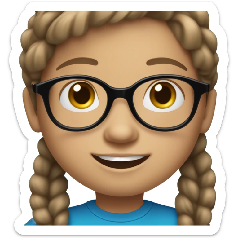 Little Girl, white skin, bronze hair smile tutor black frame glasses, bright blue t shirt sticker