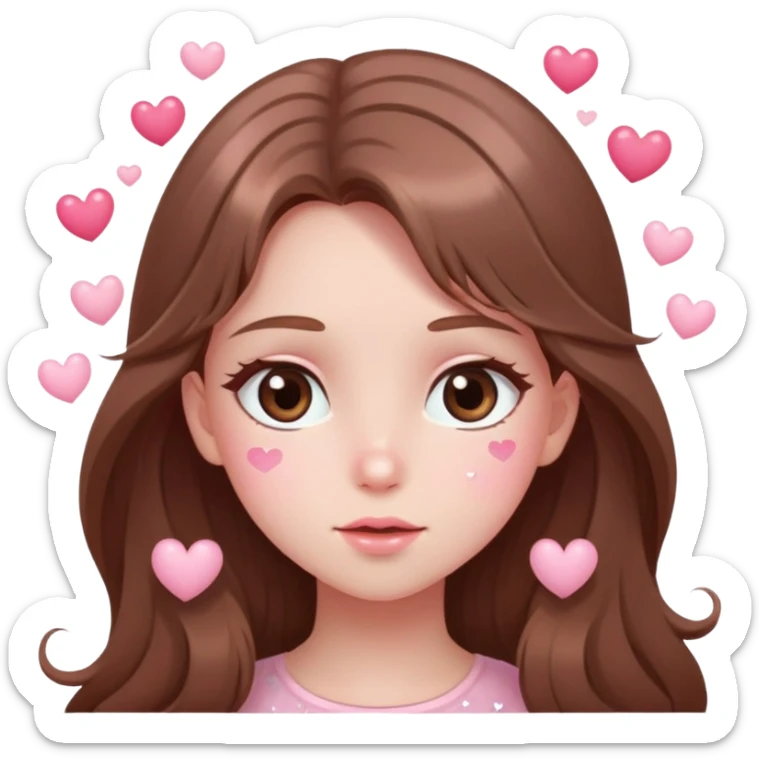 Girl with long brown hair blushing with sparkly eyes and little hearts floating around cartoon style cute delicate pale pink sticker