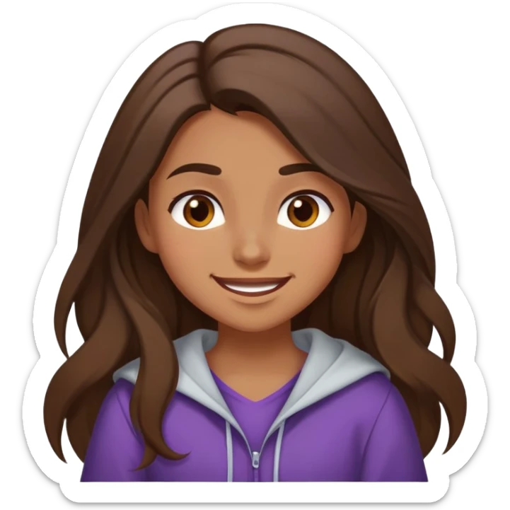 A girl with brown long hair, brown eyes and medium swarthy skin, raises one eyebrow and laughs in wide clothes  sticker