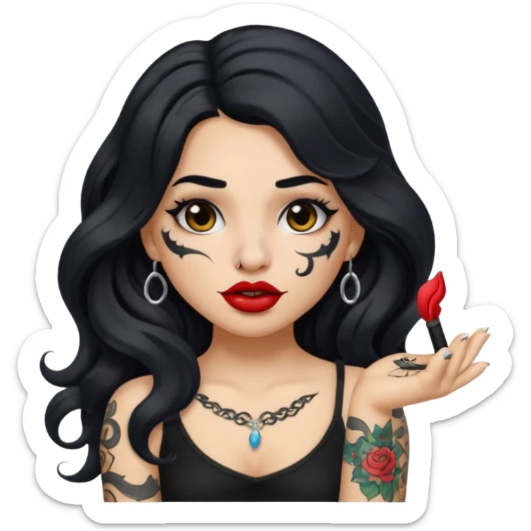 I want to create a female emoji with long black wavy hair and arm tattoo with her nose pierced and black lip stick sticker