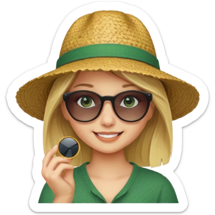 blonde girl in dark green straw hat adjusting sunglasses sticker