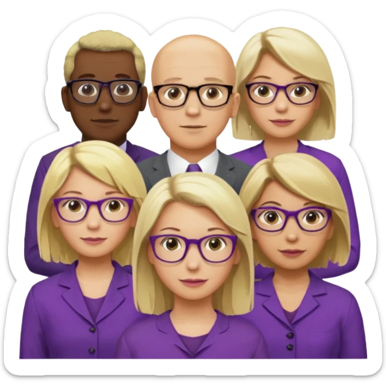 FIVE person team; 2 men and 3 women.  All dressed in yellow or purple.  
1 caucasian woman with blonde mid length hair
1 caucasian woman has ash blonde hair tied up.  
1 man is African-american and bald
1 man is caucasian and very little hair left.  
All have glasses sticker
