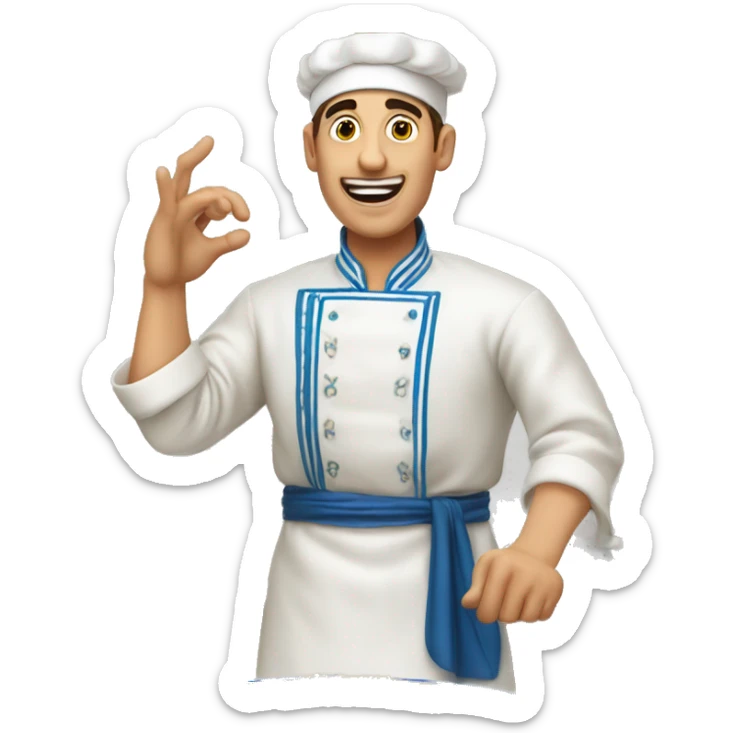 A cook making a French gesture with his hands about taste in a national Uzbek costume with a huge plate of Uzbek pilaf in his hands sticker