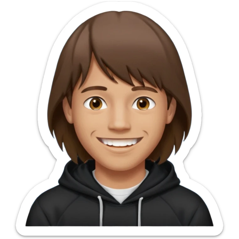 20 yr old man, brown hair, straight, big smile, white teeth, tanned skin, bangs, black hooded sweatshirt, long hair in back, center-parted bangs sticker