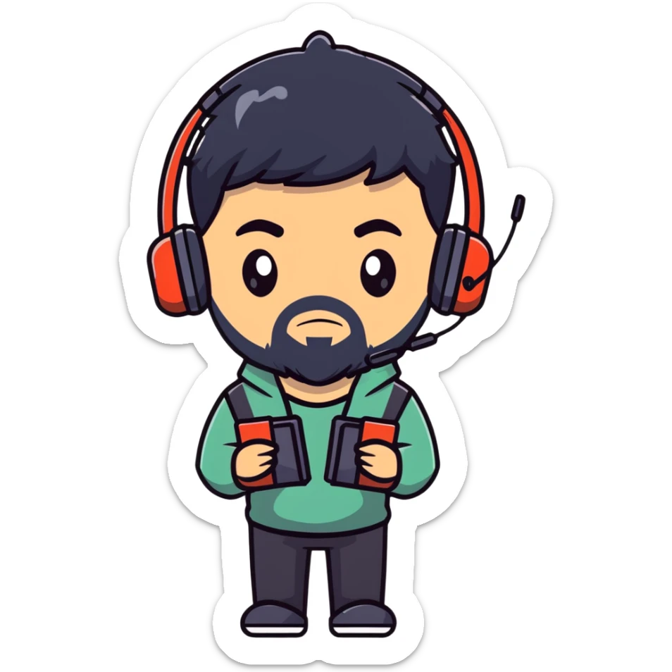 Anime-style character with black hair, brown eyes, black beard, and gaming headset, Japanese animation style sticker