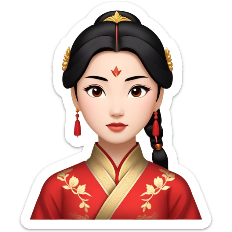 Cinematic Majestic Mulan Portrait Emoji, rendered in a clean, vector-style with bold, simplified shapes. Depict Mulan with a serene, noble expression, warm light skin, and neatly styled black hair, dressed in traditional attire featuring subtle red motifs and gold trim. The image glows with a calm, majestic aura, high shine, and a soft glowing outline, embodying classic elegance. sticker